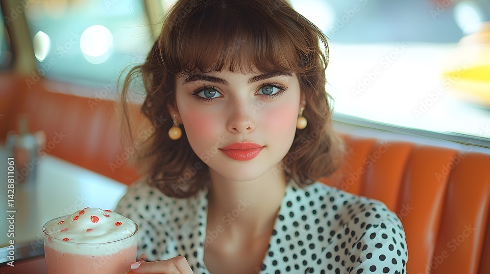 Cheerful woman in a vintage polka dot dress enjoying a milkshake at a retro diner booth