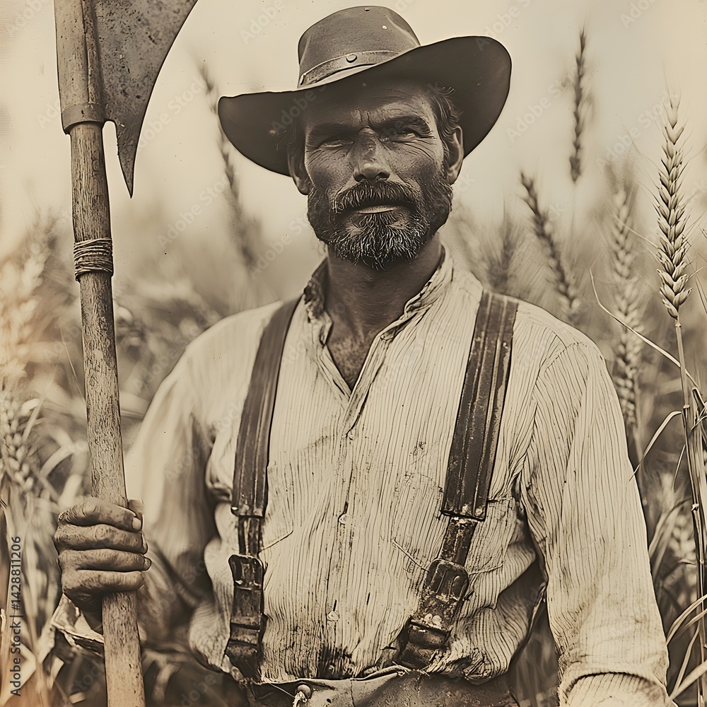 Vintage portrait of a rugged farmer working in a wheat field