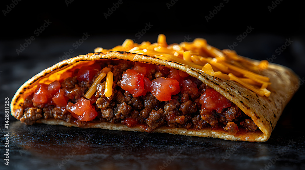 Beef tacos with seasoned ground beef, cheese, and salsa on a taco shell