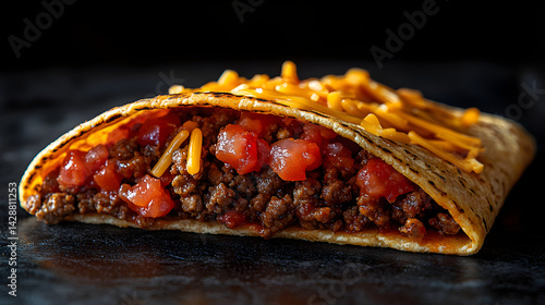 Obraz na płótnie Beef tacos with seasoned ground beef, cheese, and salsa on a taco shell w salonie