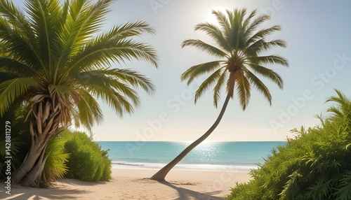Picturesque beach scene featuring a bent palm tree, with the ocean and blue sky visible.