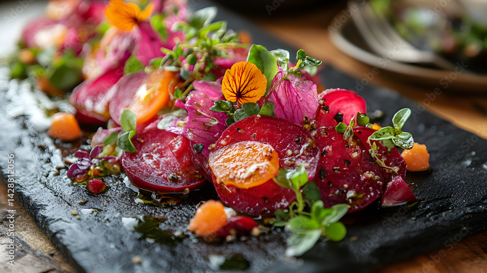 Beetroot Salad presented on a black textured surface with elegant side garnishing