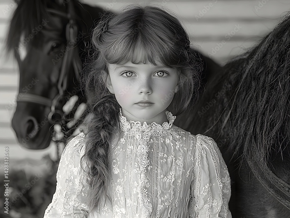 Portrait of a Young Girl in Edwardian Clothing Beside an Antique Rocking Horse