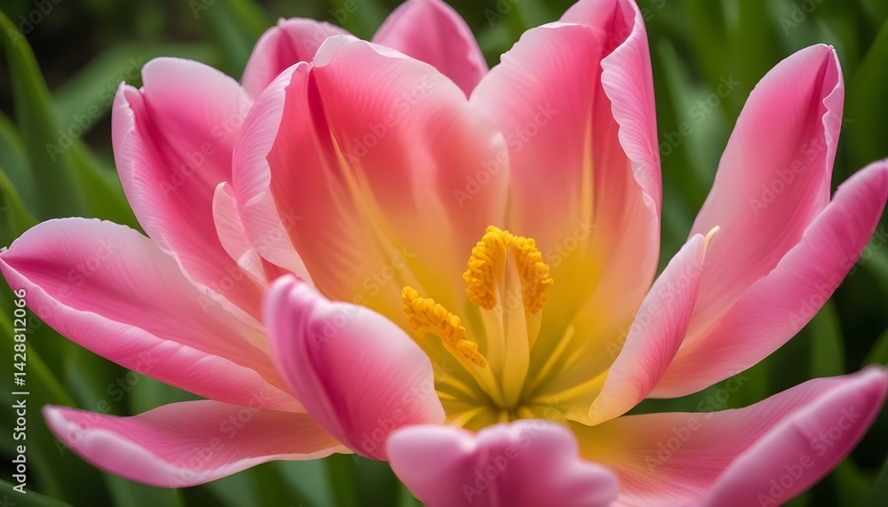Fototapeta premium An exquisite pink tulip, blooming vibrantly, displaying its delicate petals in full bloom.