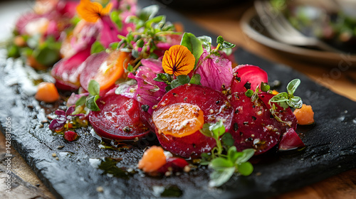 Obraz na płótnie Beetroot Salad presented on a black textured surface with elegant side garnishing w salonie