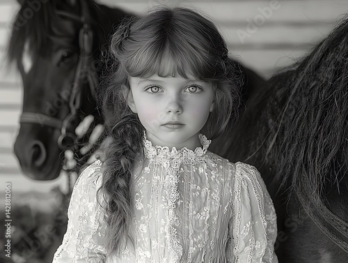 Obraz na płótnie Portrait of a Young Girl in Edwardian Clothing Beside an Antique Rocking Horse w salonie