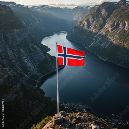 Norway Flag Fjord Landscape Cliffs Background