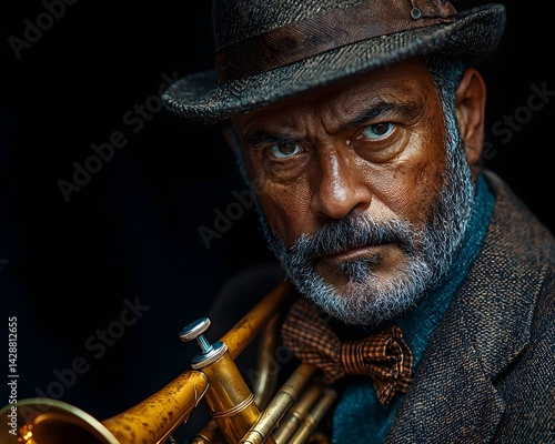 Obraz na płótnie Vintage Jazz Musician Portrait with Trumpet w salonie