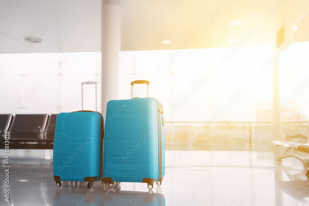 Two bright blue suitcases standing side by side in a spacious airport terminal Two bright blue suitcases standing side by side in a spacious airport terminal