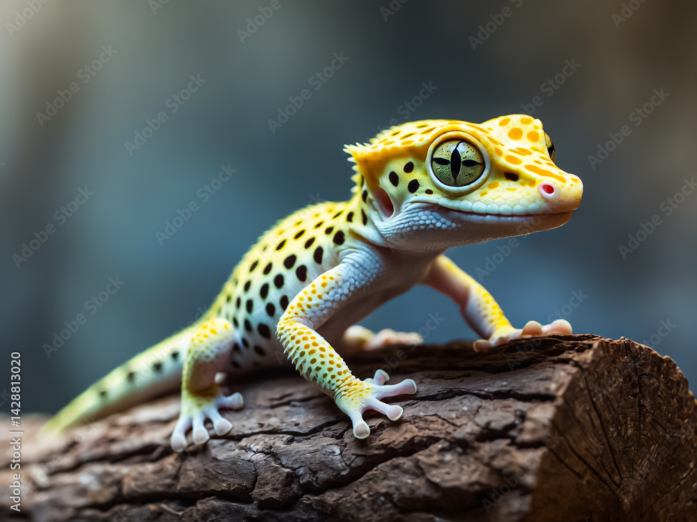 Fototapeta premium Portrait of cute small Leopard Gecko or Eublepharis macularius standing on the big log.