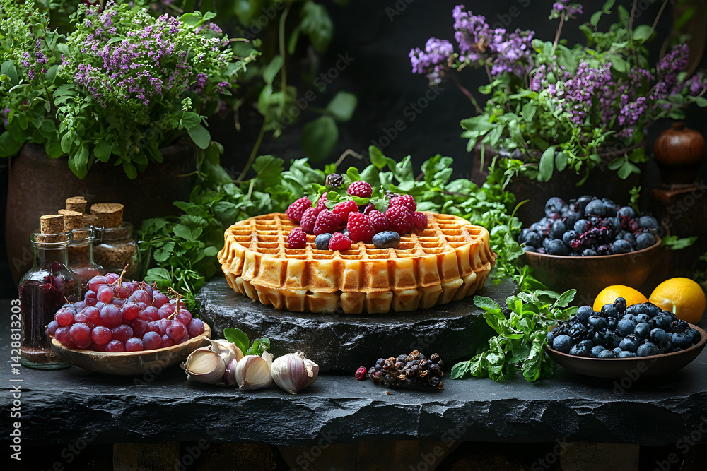 Belgian Waffles styled on rustic black stone table with side ingredients