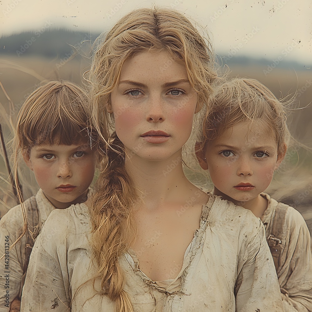 Resilient family portrait in a barren rural landscape