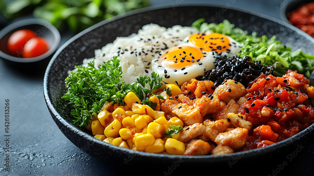 Bibimbap served on dark grey textured plate with fresh garnish top view