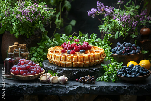 Obraz na płótnie Belgian Waffles styled on rustic black stone table with side ingredients w salonie