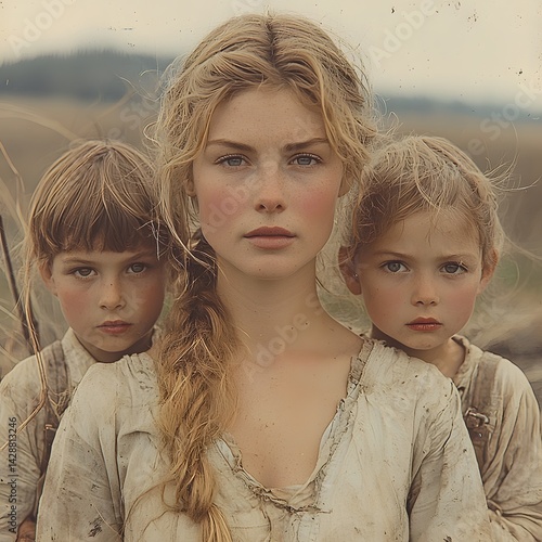 Resilient family portrait in a barren rural landscape