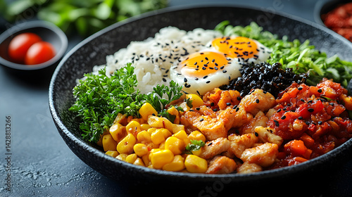 Obraz na płótnie Bibimbap served on dark grey textured plate with fresh garnish top view w salonie