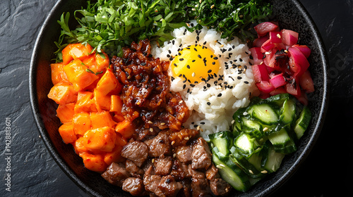 Obraz na płótnie Bibimbap served on dark grey textured plate with fresh garnish top view w salonie