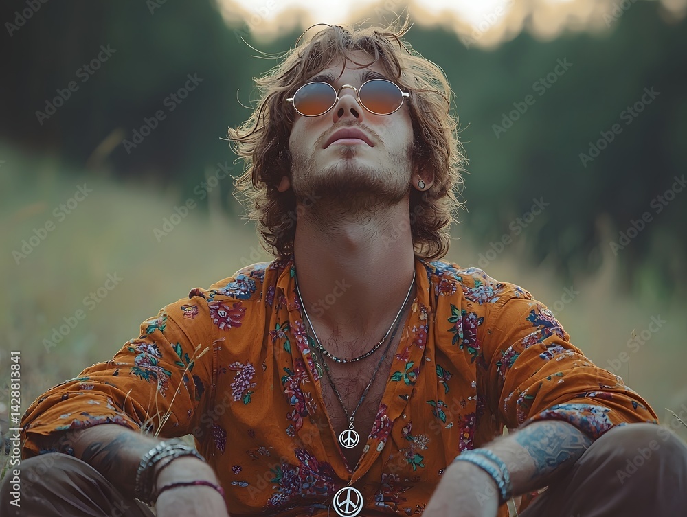 Peaceful Hippie Sitting in Nature with Guitar and Peace Necklace