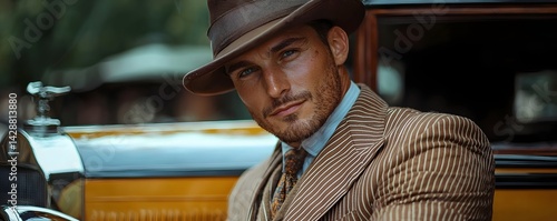 Vintage portrait of a man in a pinstripe suit and fedora leaning against a classic car