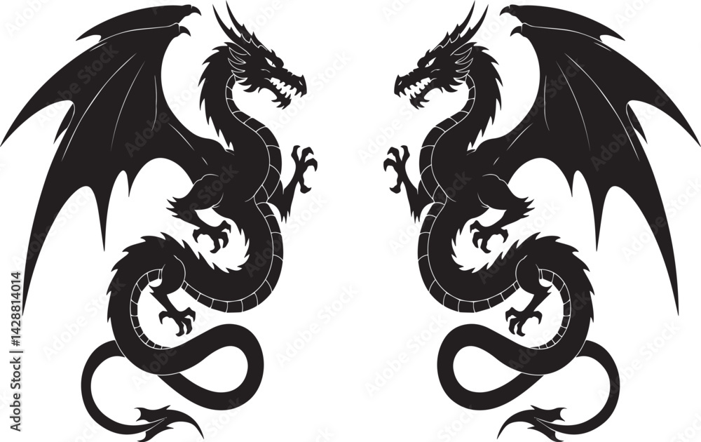 Fototapeta premium Premium vector illustration silhouette dragon .black dragon on white background. 