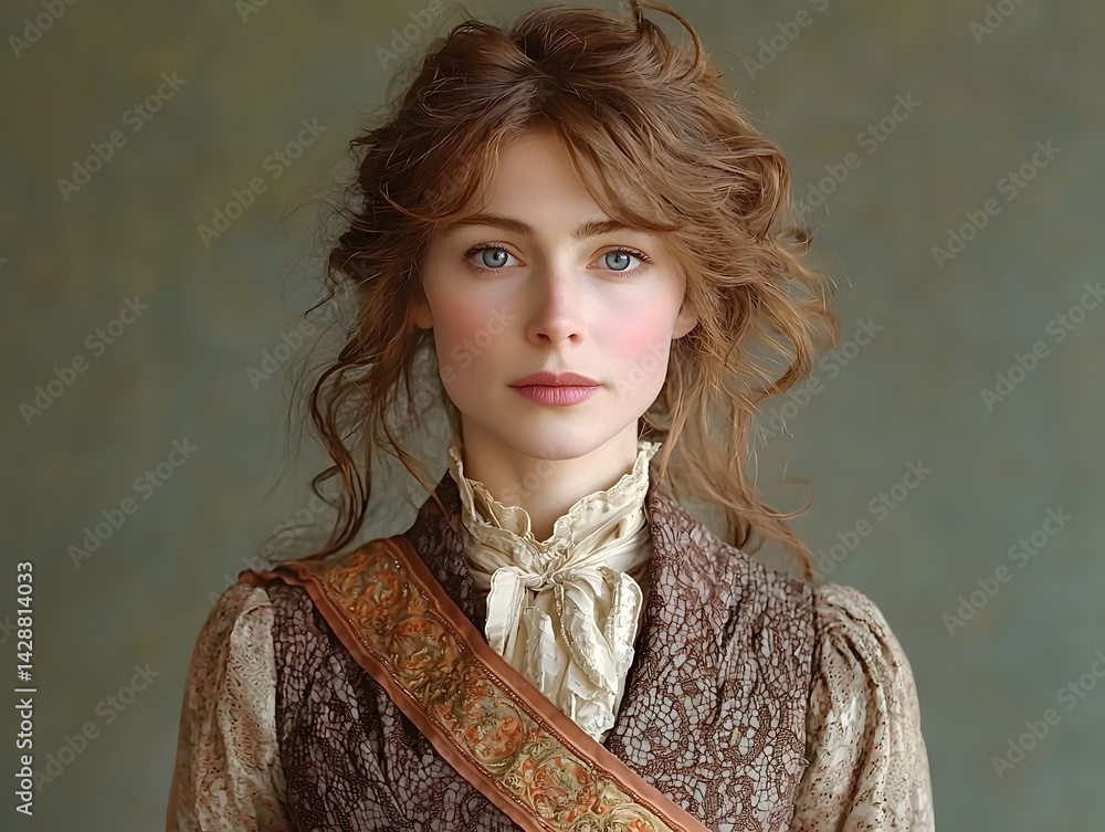 Vintage Portrait of a Thoughtful Woman in Lace Dress and Sash