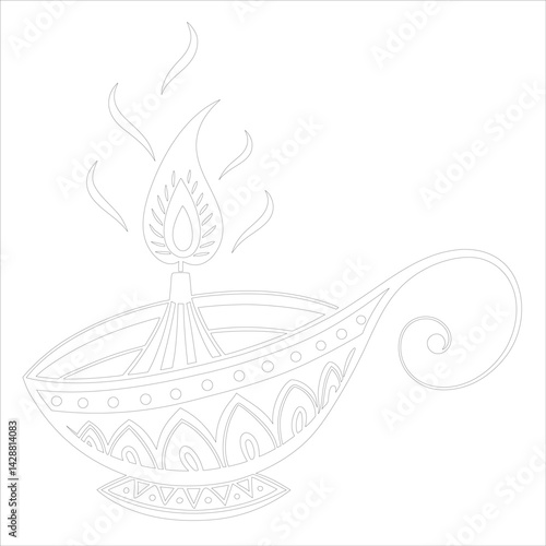 Diwali Diya Line Art Silhouette Vector Traditional Oil Lamp Line Art Illustration