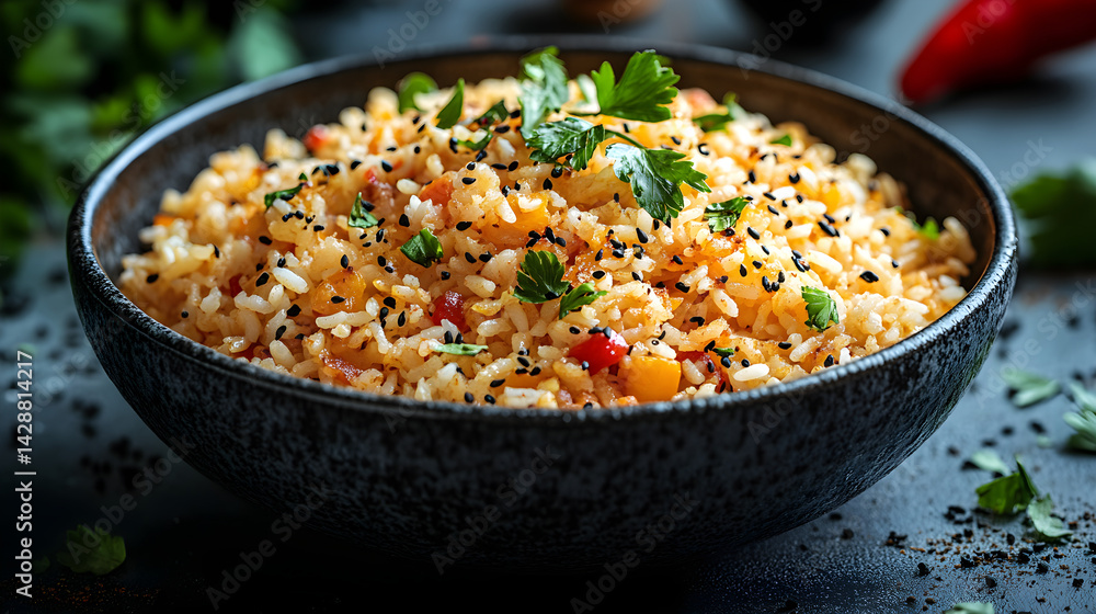 Biryani served on dark grey textured plate with fresh garnish top view