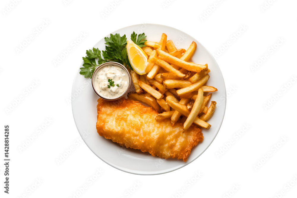 Crispy Fish and Chips Classic British Dish Lemon Parsley Tartar Sauce Crispy Fish and Chips Classic British Dish Lemon Parsley Tartar Sauce