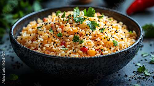 Obraz na płótnie Biryani served on dark grey textured plate with fresh garnish top view w salonie