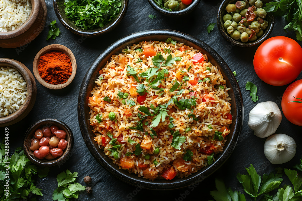Biryani styled on rustic black stone table with side ingredients