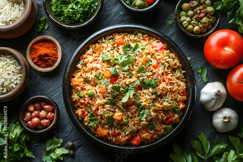 Obraz na płótnie Biryani styled on rustic black stone table with side ingredients w salonie