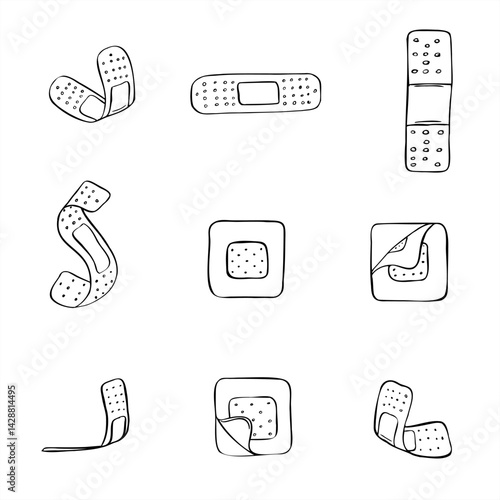 Vector monochrome adhesive bandages in various shapes and sizes set line art black ink sketch. Healing patches for minor wounds graphic sketch illustration. For first aid packaging, medical blogs