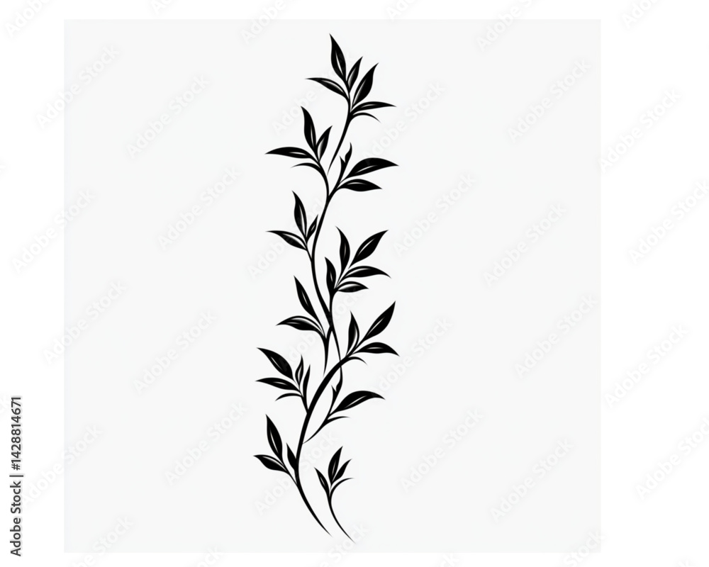 Naklejka premium Vertical leafy vine illustration, stark black, against a plain white background.