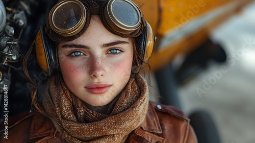 A vintage portrait of a 1930s aviator in flight gear next to an early model airplane