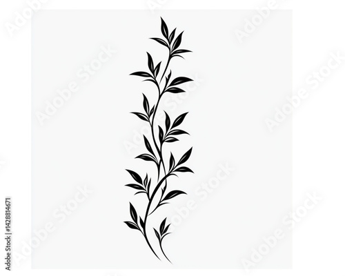 Vertical leafy vine illustration, stark black, against a plain white background.