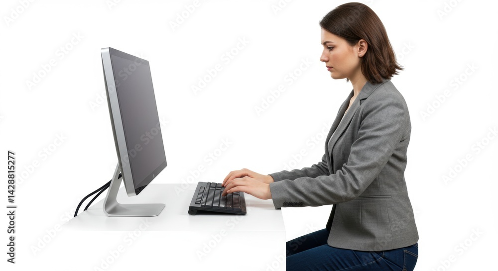 Focused Businesswoman Typing at Desk, Side Profile, White Background Focused Businesswoman Typing at Desk, Side Profile, White Background