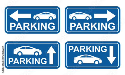 Car parking signs with direction arrow. Printable vector symbol on transparent background.