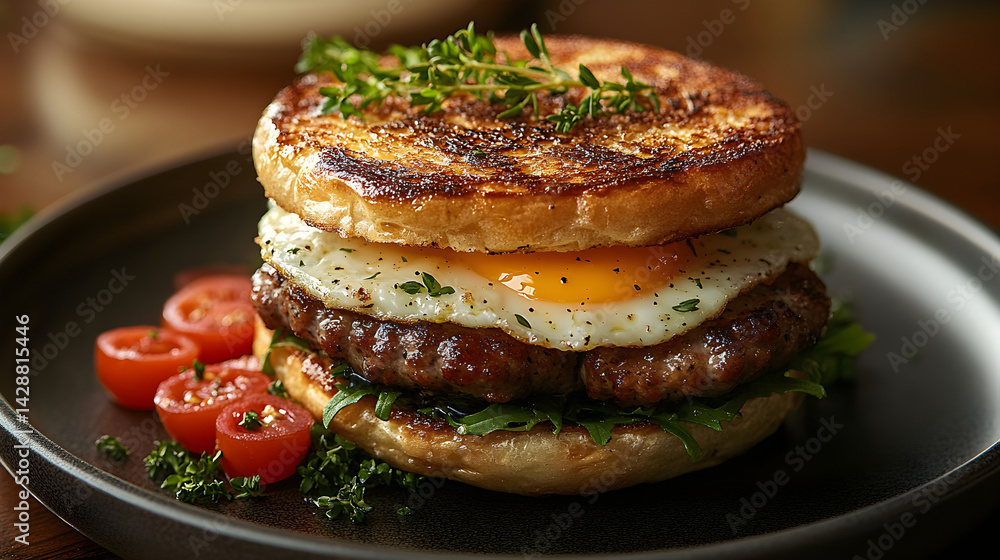 Breakfast sandwich with egg, cheese, and sausage on a toasted muffin