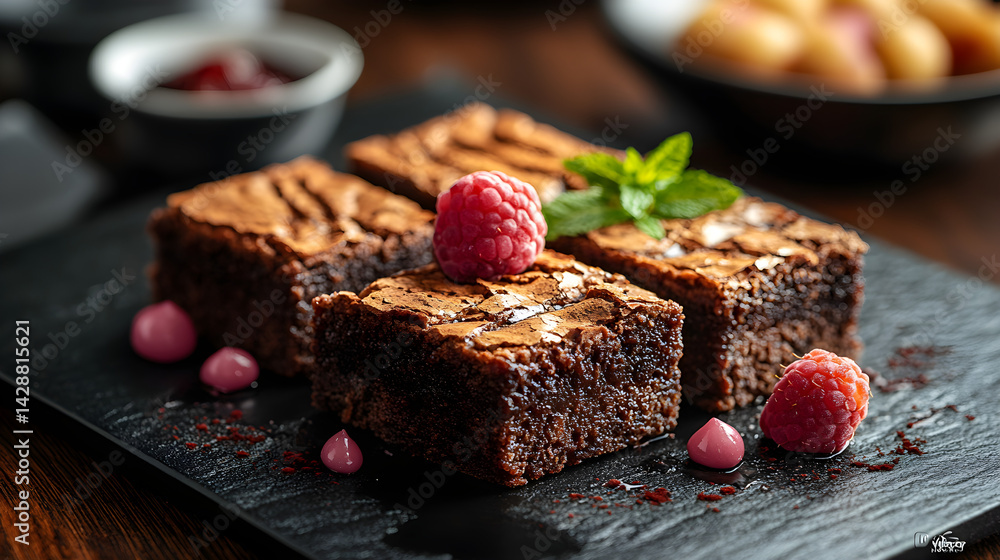 Brownies presented on a black textured surface with elegant side garnishing