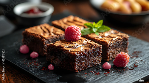 Obraz na płótnie Brownies presented on a black textured surface with elegant side garnishing w salonie