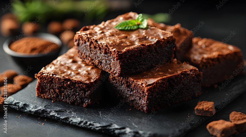 Brownies presented on a black textured surface with elegant side garnishing