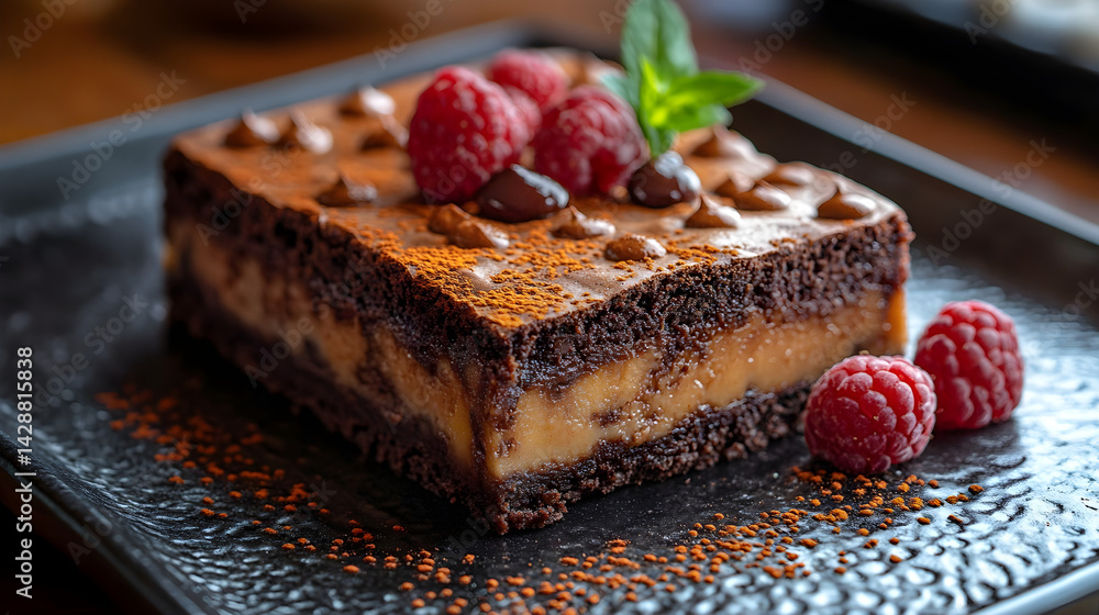 Brownies presented on a black textured surface with elegant side garnishing