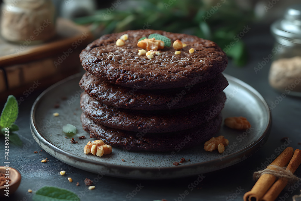 Brownies styled on dark grey background with clean plating and props