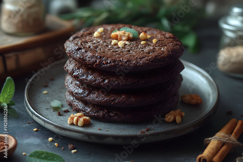 Obraz na płótnie Brownies styled on dark grey background with clean plating and props w salonie