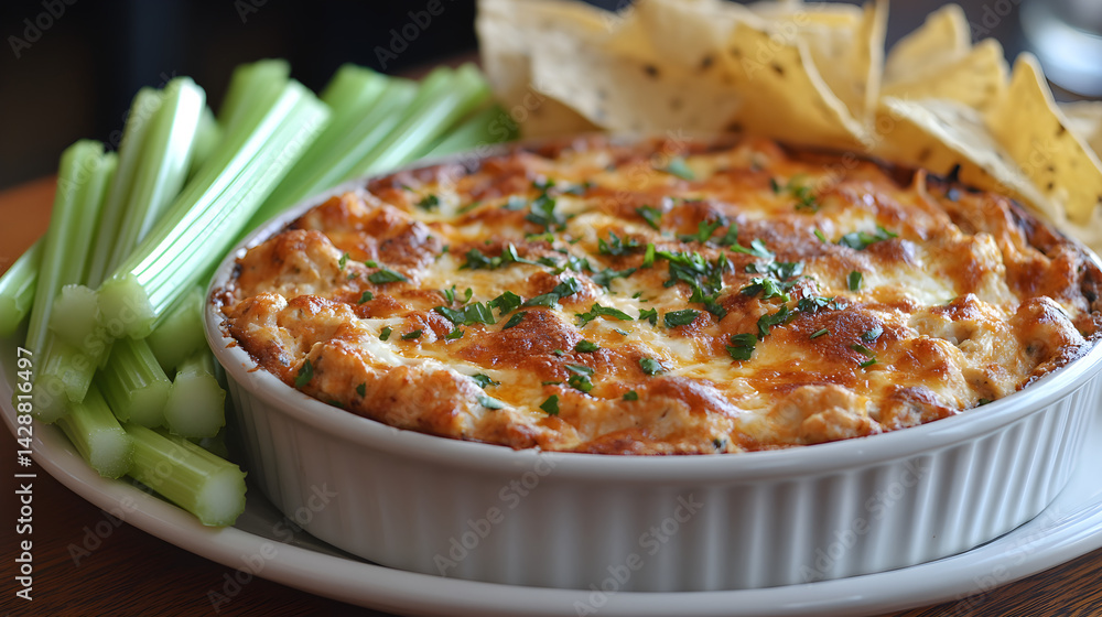 Buffalo chicken dip served with tortilla chips and celery sticks