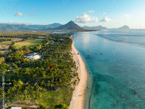 Flic en Flac beachfront with rows of palm trees, beachgoers, and mountain scenery