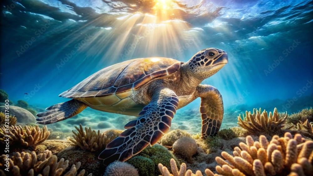 Obraz premium Majestic Sea Turtle Gracefully Navigating Vibrant Coral Reef in Sunlit Ocean Depths