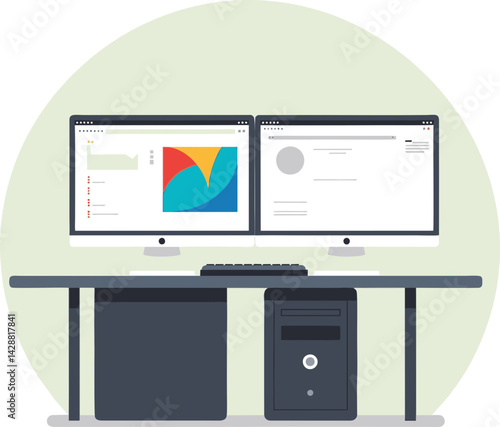 Dual Computer Monitors on a Desk Illustration