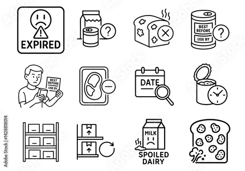 food safety storage risk concept. Food expiration and safety symbols illustrated in a grid format.