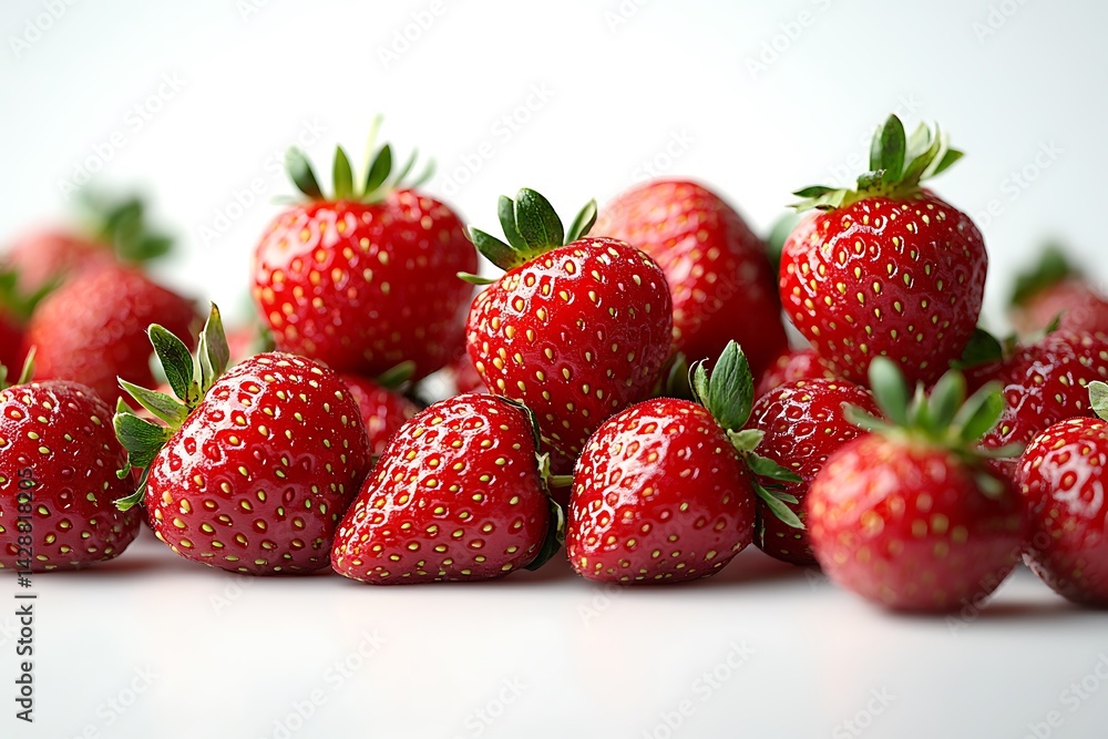 Fresh Pile of Ripe Red Strawberries with Green Stems on a White Background Fresh Pile of Ripe Red Strawberries with Green Stems on a White Background
